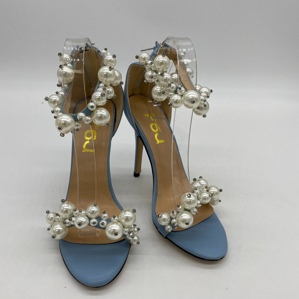 FSJ blue pearl open toe kitten mid heels ankle strap sandals slip on pumps shoes